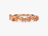 Rose gold leaf ring with colorful gemstones, jewelry