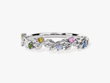Silver leaf ring with colorful gemstones, fine jewelry