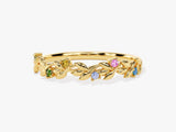 Gold leaf ring with colorful gemstones, fine jewelry