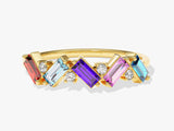 Gold ring with colorful baguette gemstones and diamonds