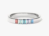 Silver ring with five colorful baguette-cut gemstones