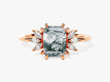 Emerald cut moss agate ring with marquise diamonds in rose gold
