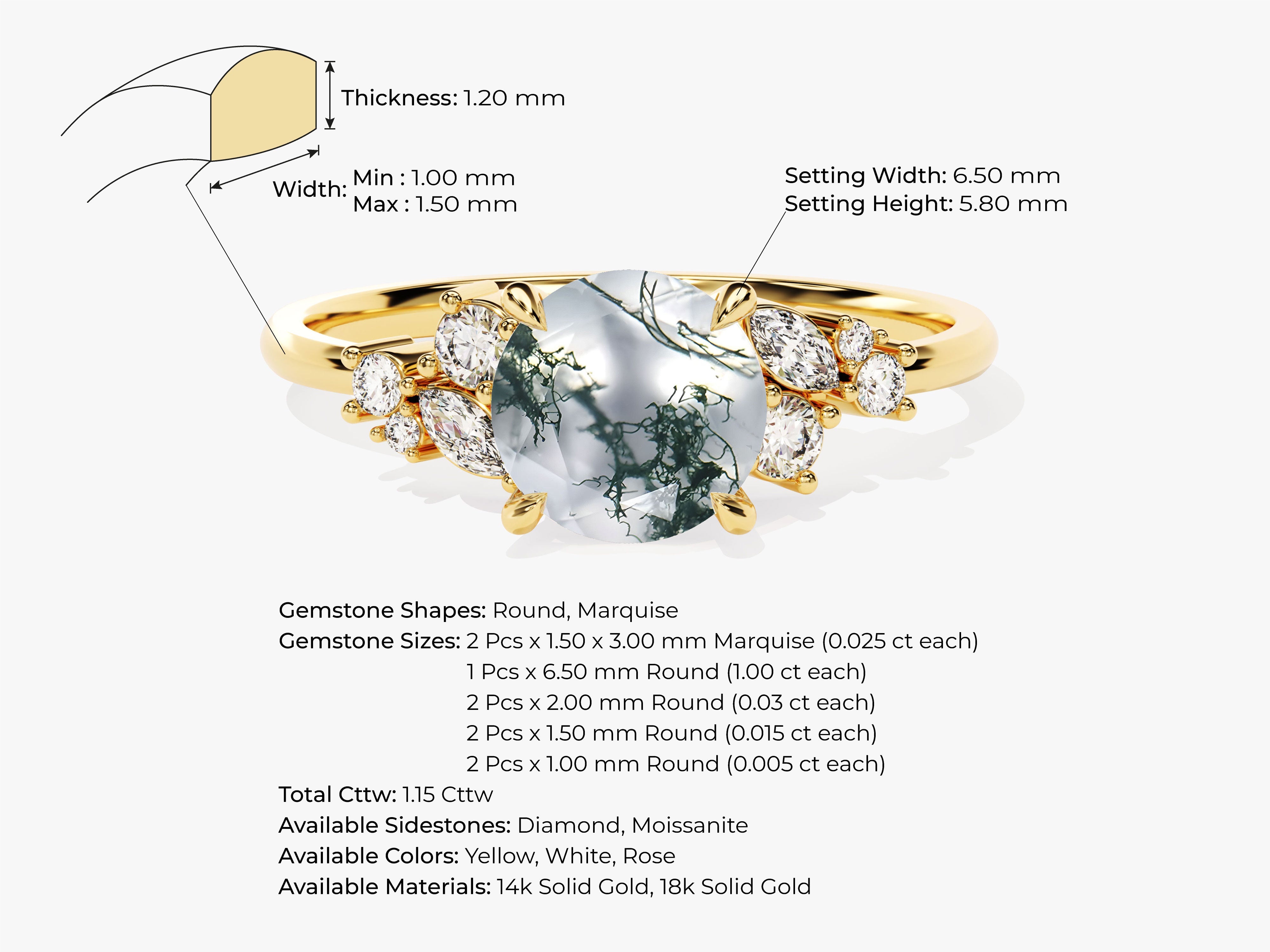 Gold ring with moss agate and diamonds, jewelry details