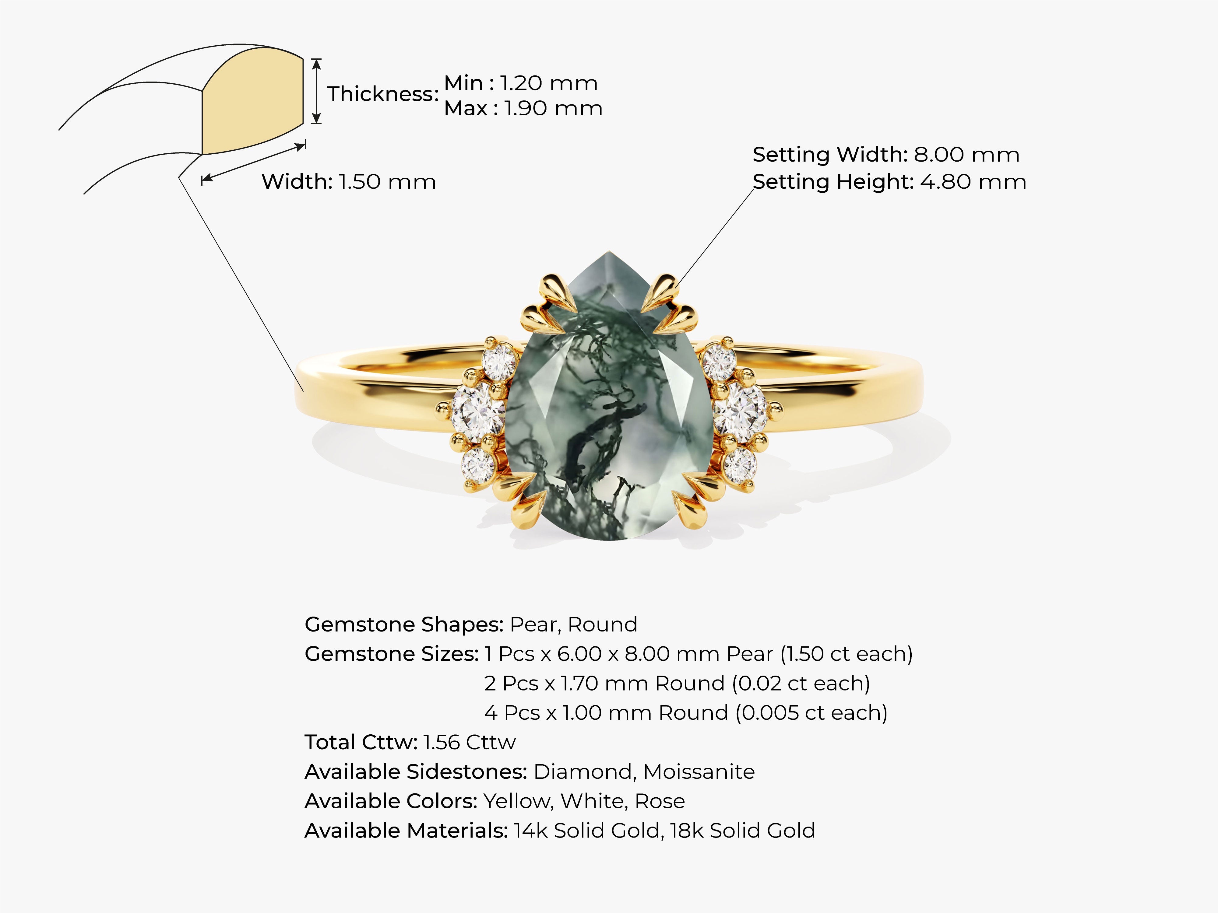 Gold ring with pear moss agate and diamonds