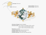 Hexagon moss agate ring with diamonds, gold floral band