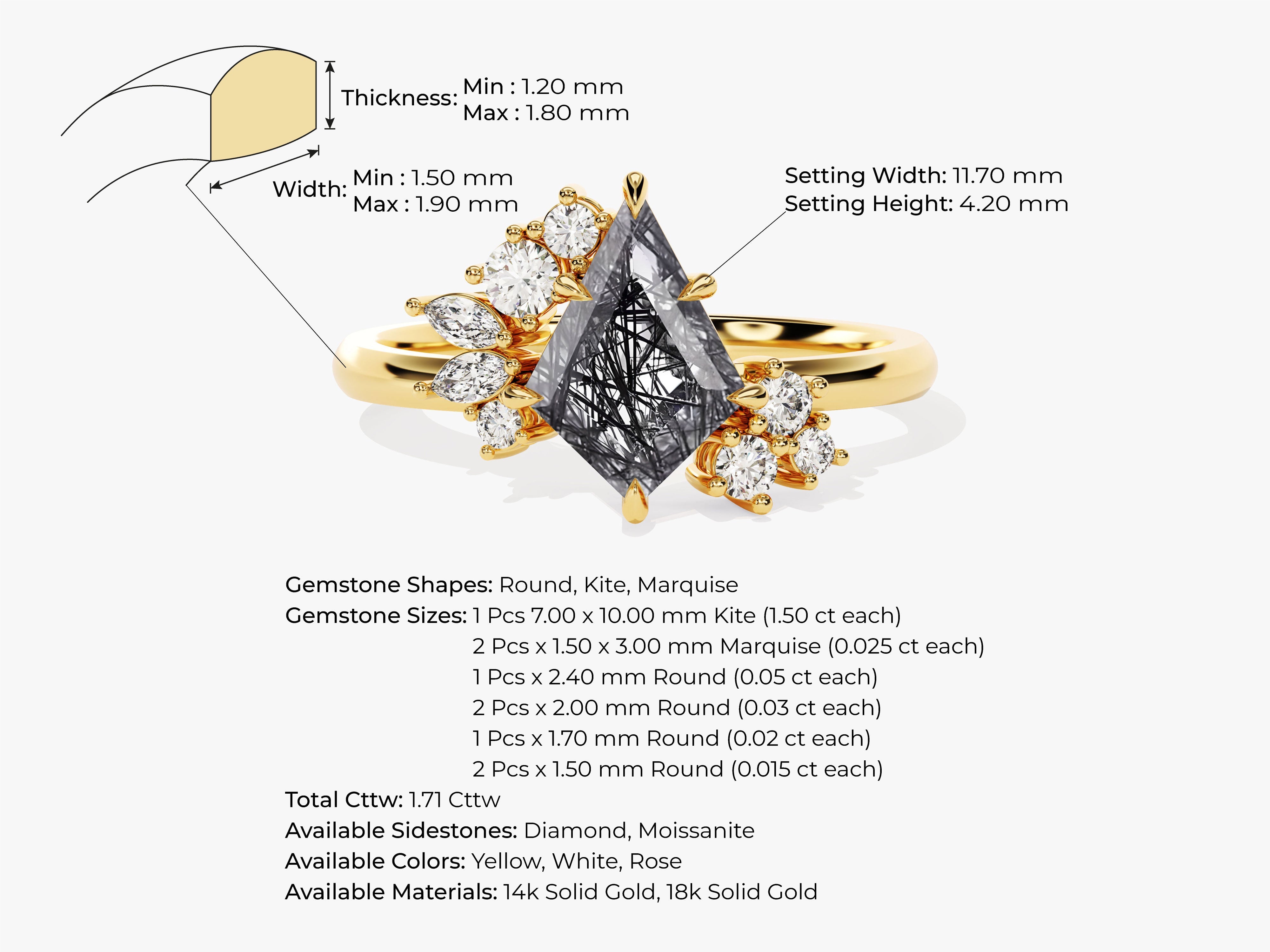 Gold ring with kite-shaped black diamond and white diamonds