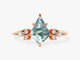 Rose gold ring with kite-cut moss agate and diamonds