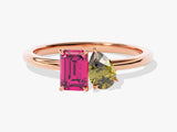 Rose gold ring with emerald cut pink tourmaline and pear cut yellow diamond