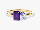 Gold ring with emerald-cut amethyst and pear-shaped diamond