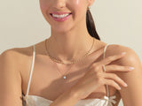 Model wearing diamond necklace, ring, and earrings