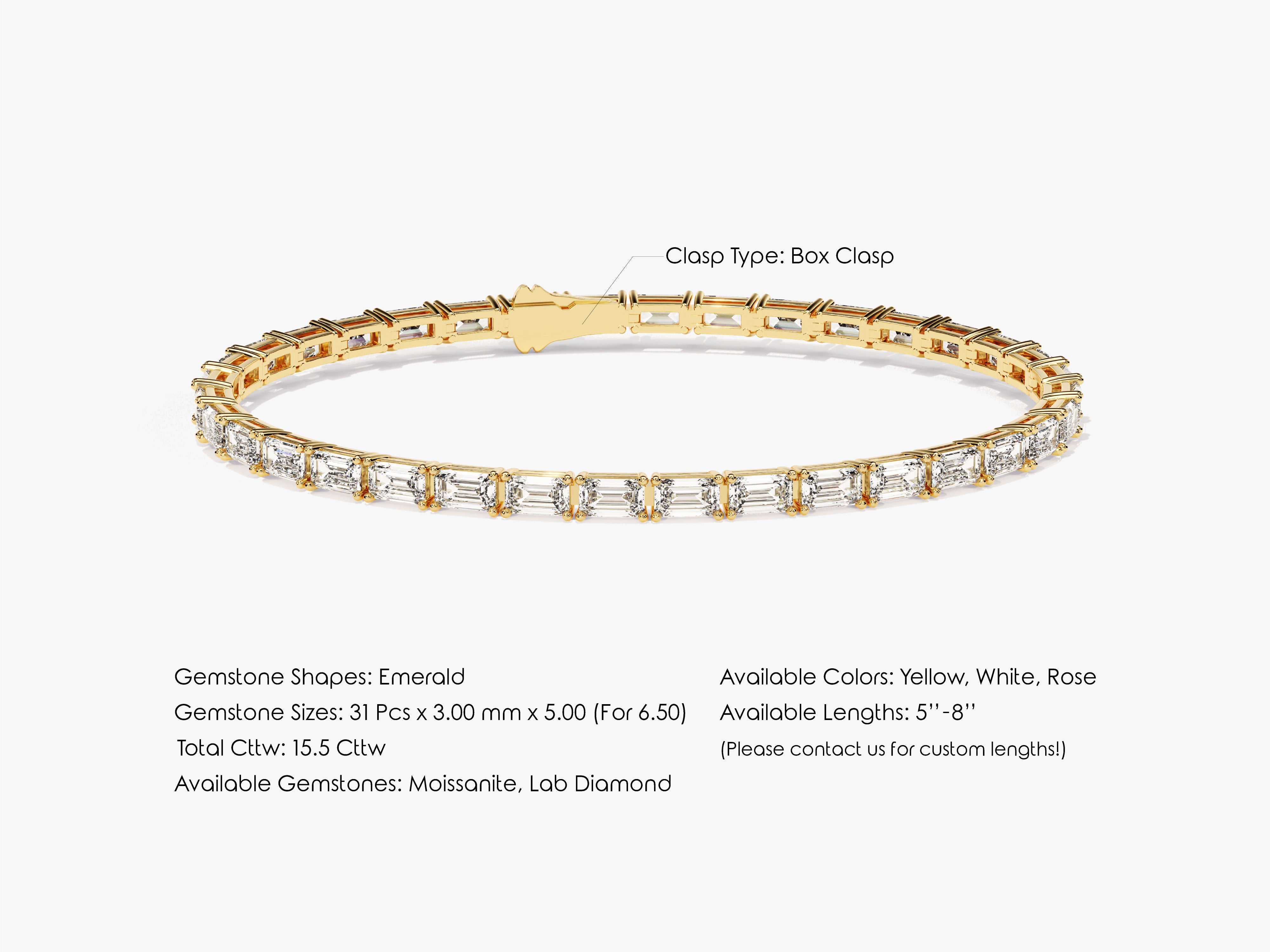 Emerald cut diamond tennis bracelet, 14k gold, box clasp